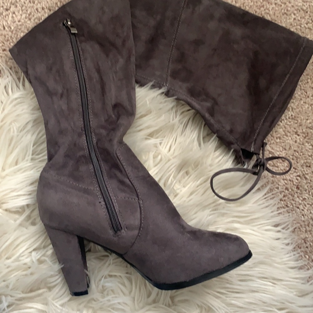 Over the knee dark grey suede boots